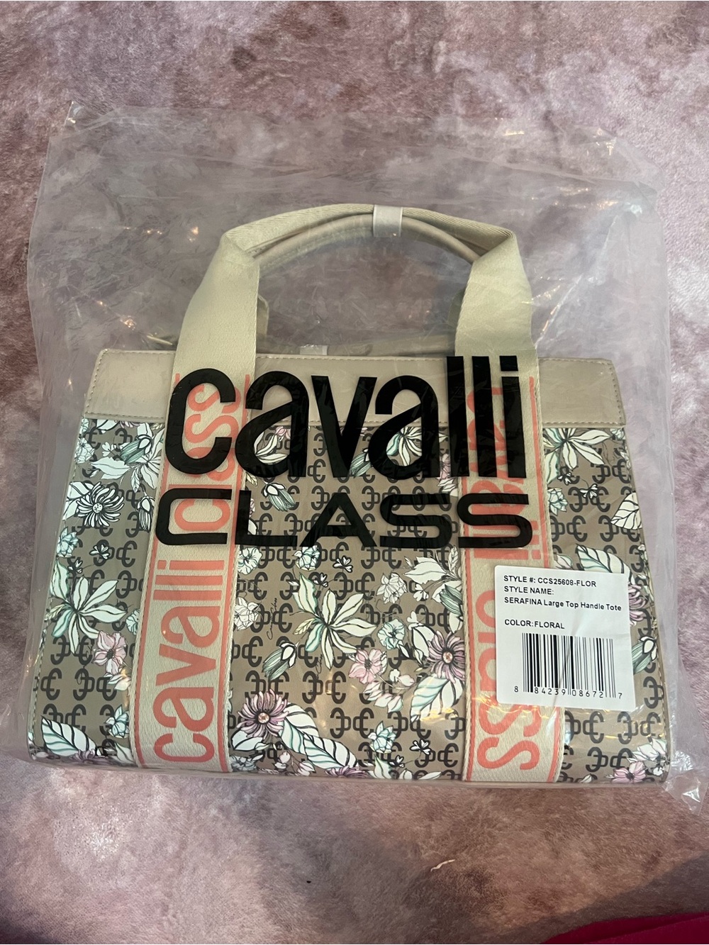 NWT Cavalli Class Serena Floral Logo Tote Bag Beige Cream - Picture 2 of 14